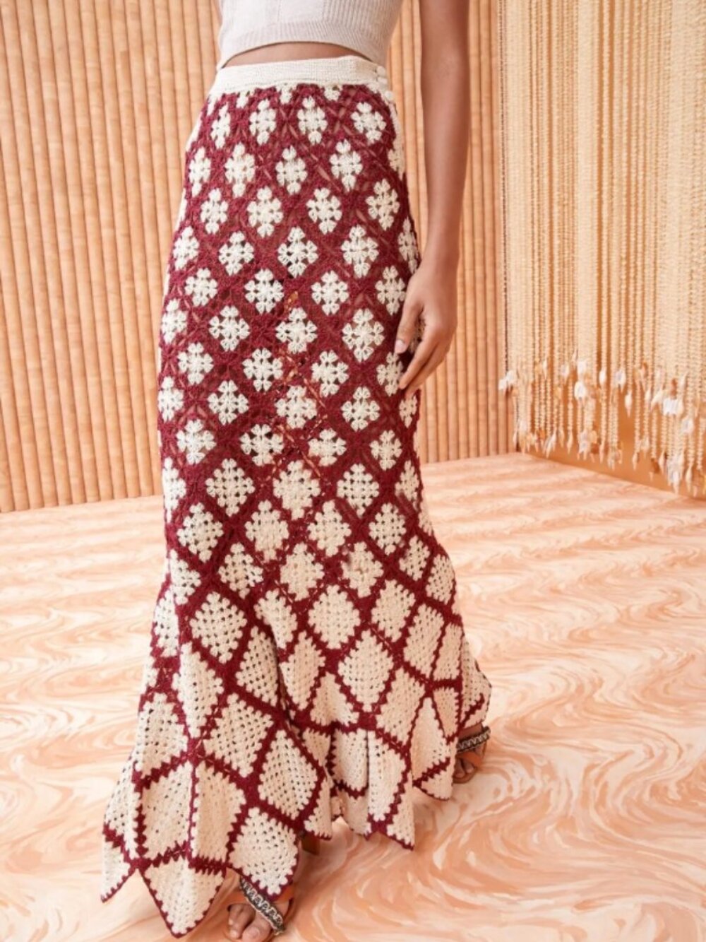 NWOT 2024 Collection ULLA JOHNSON Ephedra Maxi Crochet Skirt in Claret L $1,250
